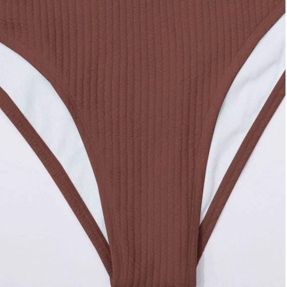Brown Ribbed High Waist Bikini Bathing Suit - Picture 7 of 9